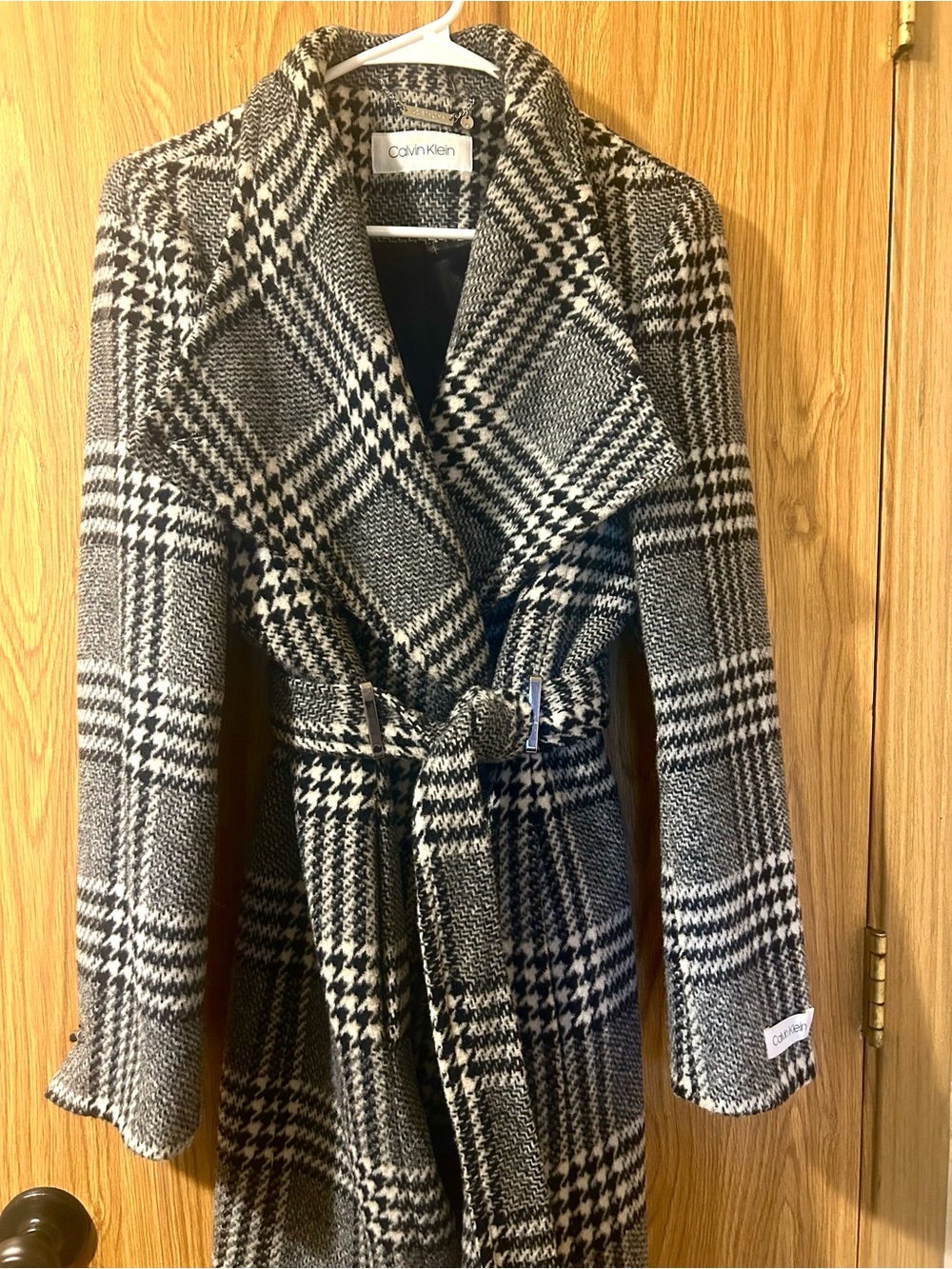 Calvin Klein Black & White Plaid Belted Trench Coat